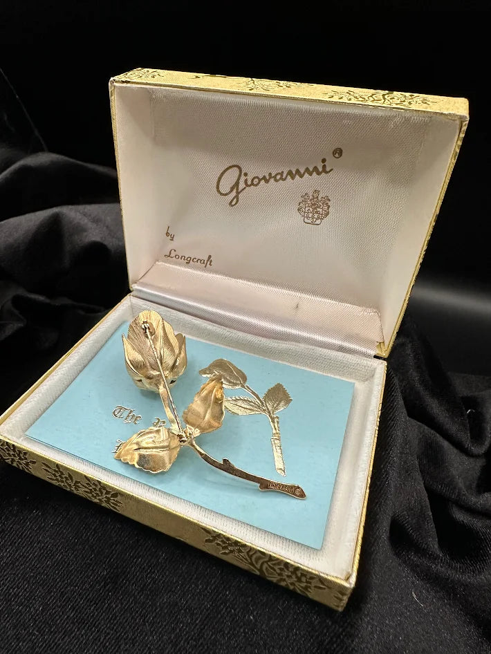 Giovanni Gold Tone Rose Brooch Longcraft Vintage Floral Pin With Original Box