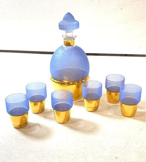 Textured Frosted Blue Glass Decanter Set with Gold Base, 7-Piece Barware Set, Vintage Modern Cocktail Set