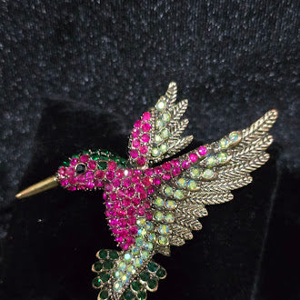 Vintage Pink & Green Rhinestone Hummingbird Brooch Pin | Gold Tone Crystal Figural Bird Statement Jewelry