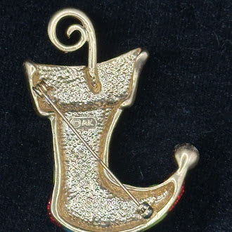 Vintage Anne Klein Christmas Stocking Brooch Gold Tone Multicolor Enamel Rhinestone Holiday Pin