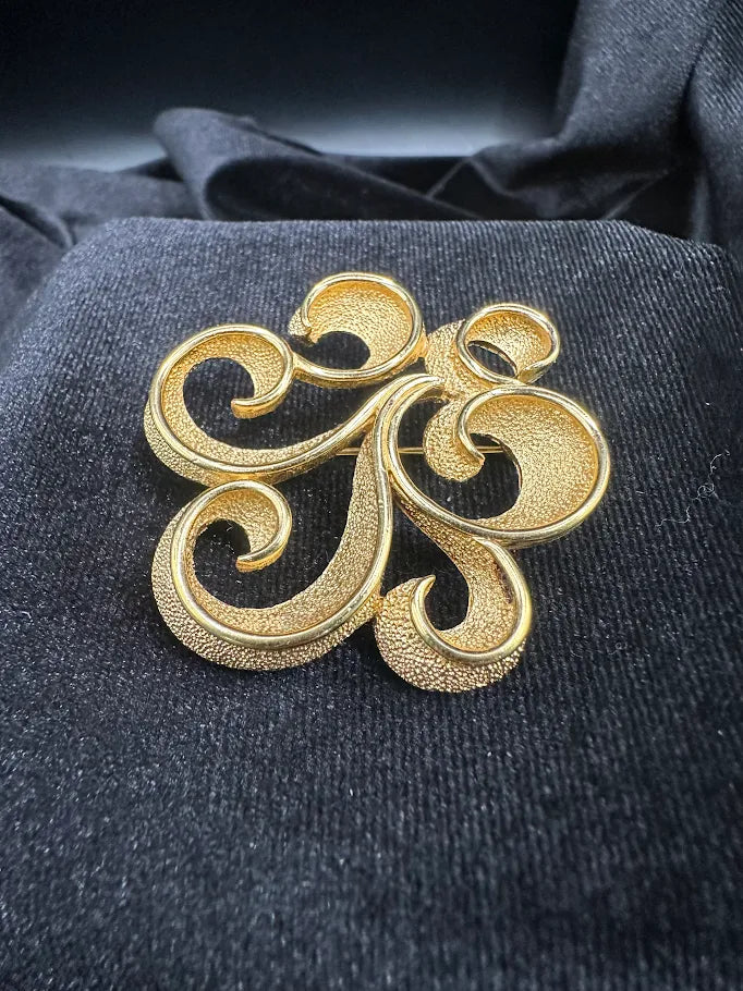 Trifari Gold Tone Scroll Brooch | Vintage Openwork Designer Pin