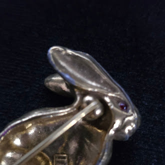 Signed Gold Tone Bunny Brooch Sculpted Rabbit Pin with Red Eye Detail