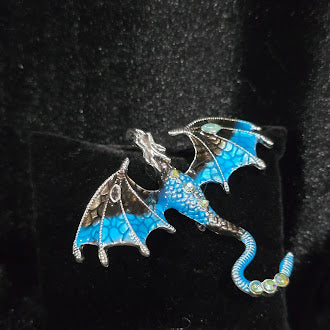Silver Tone Blue Flying Dragon Brooch Enamel Wings Rhinestone Fantasy Creature Pin