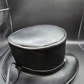 Black Faux Leather Flat Top Hat | Button Band Detail Structured Fashion Hat