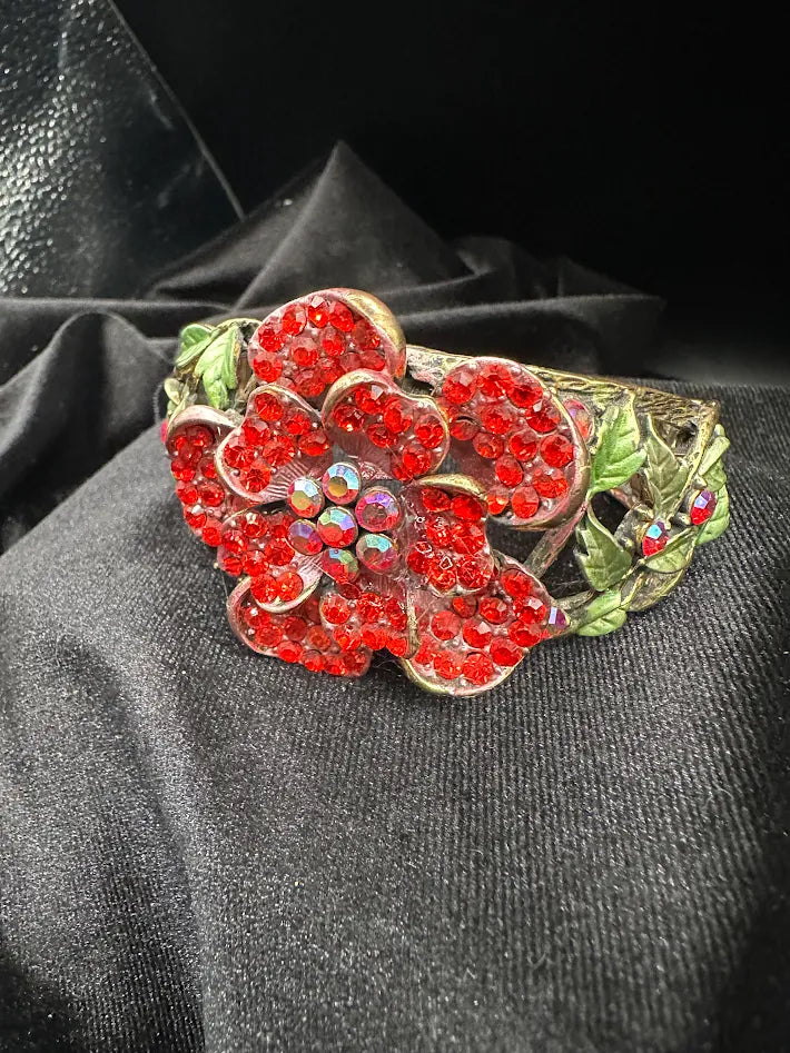 Red Crystal Flower Bracelet Hinged Cuff Rhinestone Floral Statement Bracelet Enamel Leaf Accent Bold Jewelry