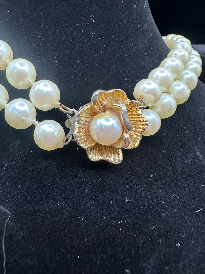 Vintage Triple Strand Pearl Style Necklace with Gold Floral Centerpiece