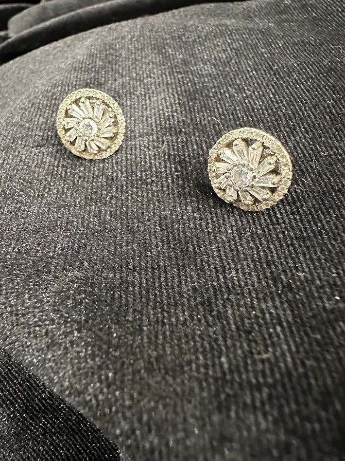 Silver Tone Crystal Starburst Stud Earrings Round Sparkle Sunburst Bridal Gift