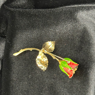 Giovanni Gold Tone Red Enamel Rose Brooch Long Stem Pin Green Enamel Leaves Signed