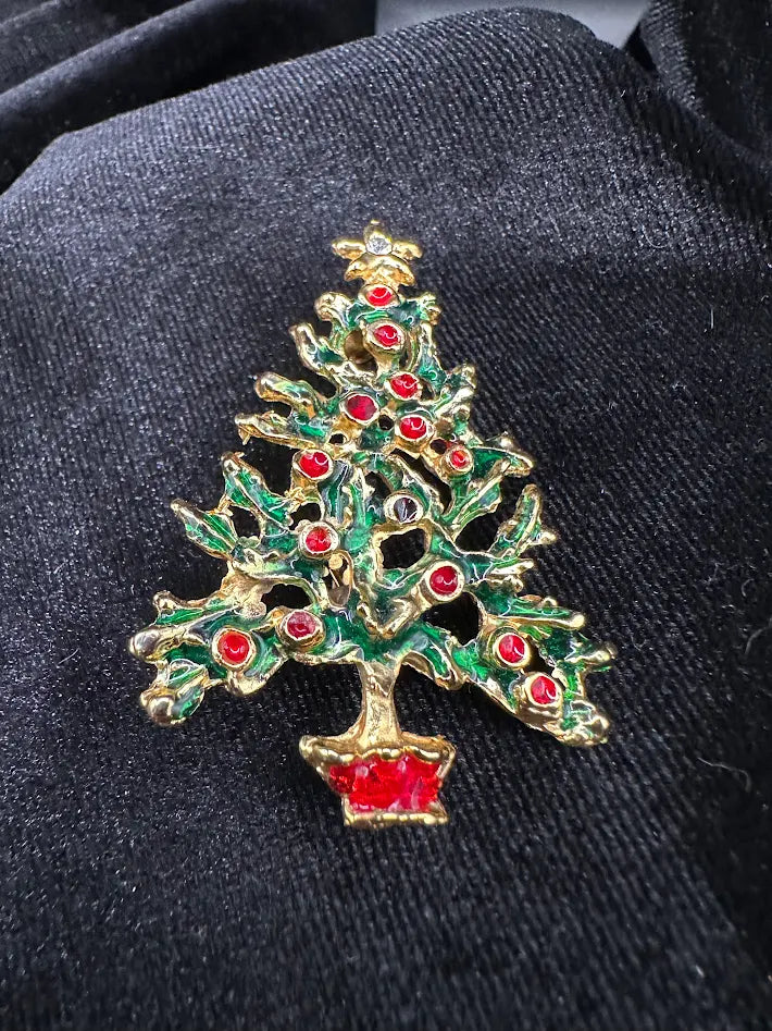 Vintage Christmas Gold Tone Tree Brooch Red and Green Enamel