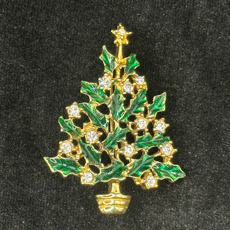 Gold Tone Christmas Tree Brooch with Green Enamel Leaves and Clear Rhinestones