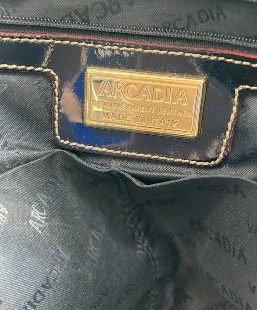 (SOLD) Arcadia Italian Patent Leather Satchel, Blue Embossed Dome Bag with Tan Trim