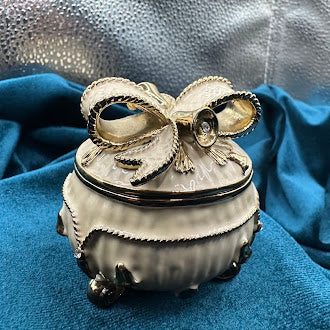 Enamel Gift Box Magnetic Trinket Box Ivory Finish Bow Lid Crystal Accent