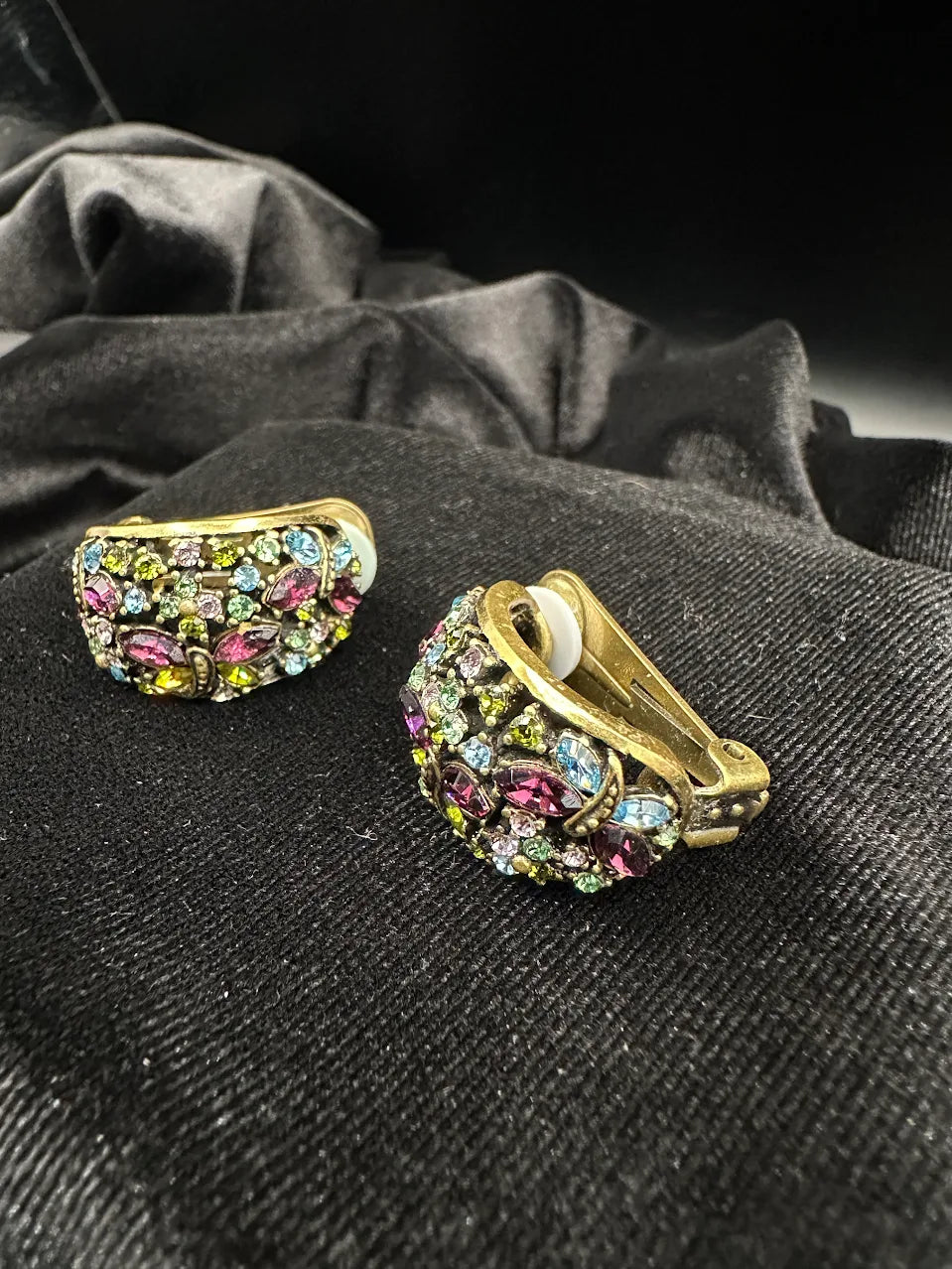 Heidi Daus Gold Tone Multicolor Crystal Clip Earrings | Signed Designer Statement Earrings