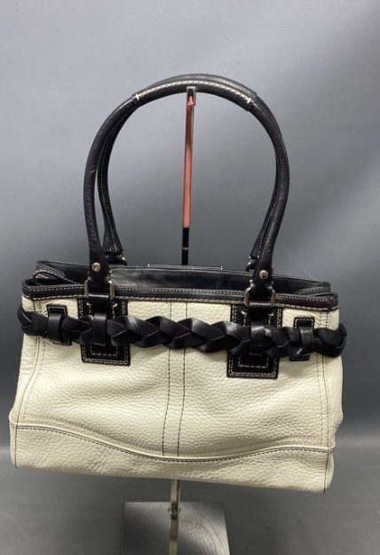 Coach F13084 Hamilton Leather Satchel Bag Black White Designer Tassel Handbag