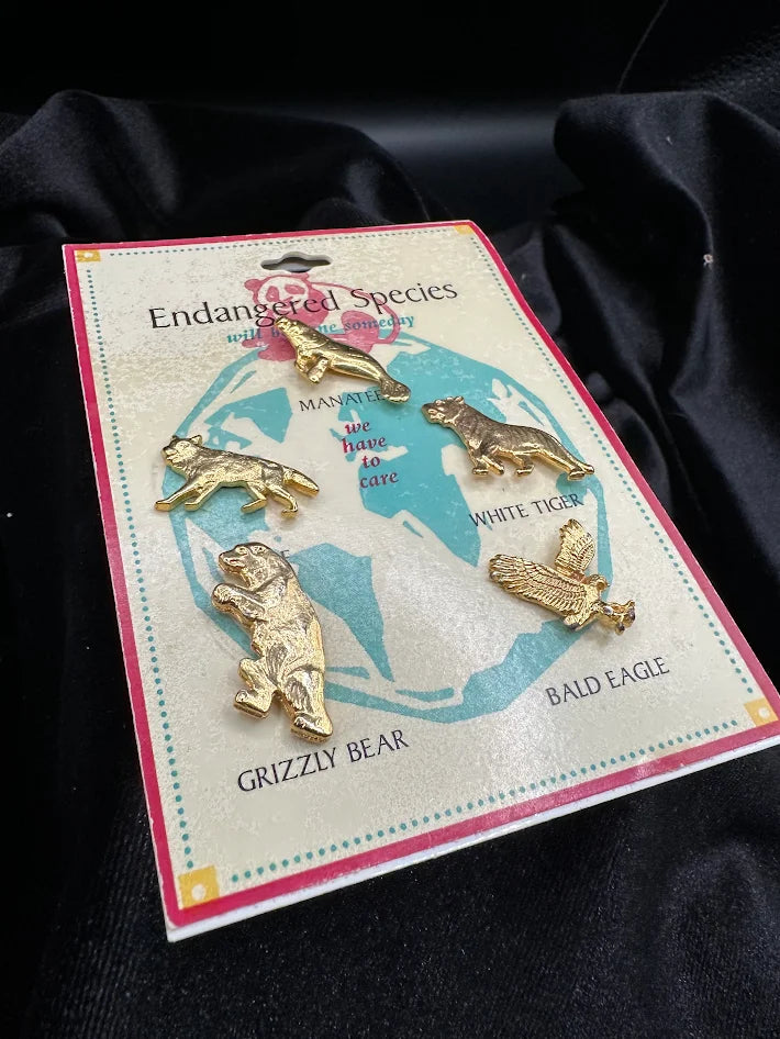 Endangered Species Animal Pin Set Gold Tone Vintage Brooch Collection On Original Card