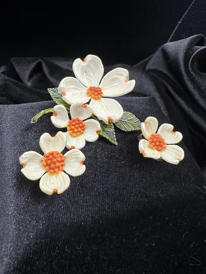 Vintage Dogwood Flower Brooch & Clip Earrings Set – White Lucite Petals Orange Bead Centers Floral Jewelry