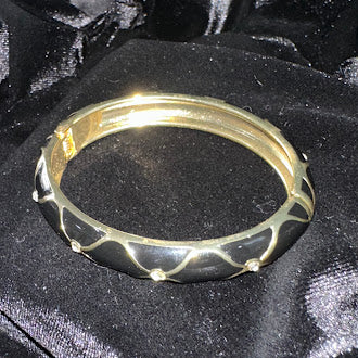 (SOLD) Enamel Gold Tone Hinged Bangle Bracelet With Dot Accents