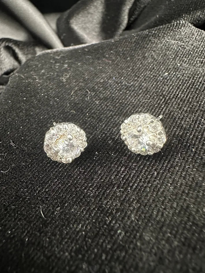 Silver Tone Clear Crystal Cluster Stud Earrings Round Floral Rhinestone Vintage Style Elegant Minimalist Sparkle Jewelry