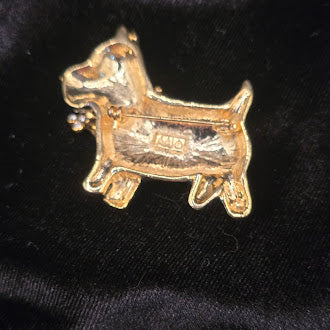 Signed AJC Black Enamel Scottie Dog Brooch with Blue Crystal Eye and Rhinestone Bone Collar, Gold Tone Vintage {Pin