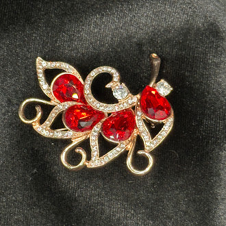 Gold Tone Filigree Butterfly Brooch Red Rhinestone Wings Pave Crystal Accents Pin