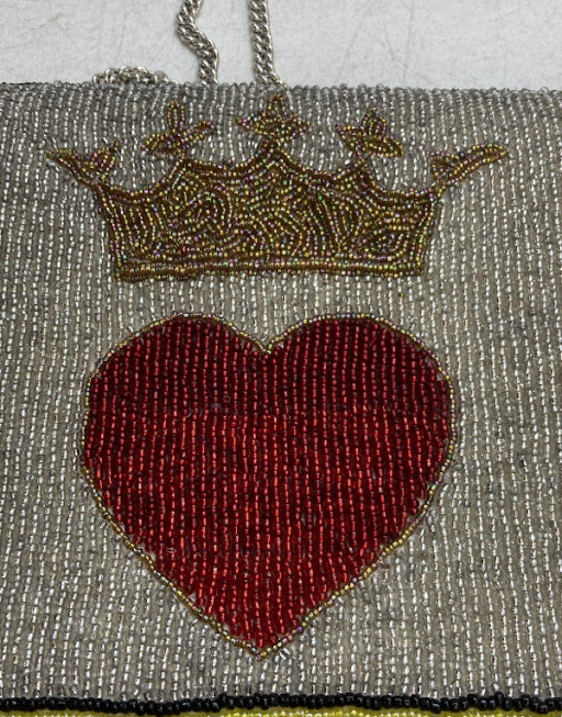 Ansleigh Beaded Queen of Hearts Clutch, Silver Crossbody Bag with Heart & Crown Motif