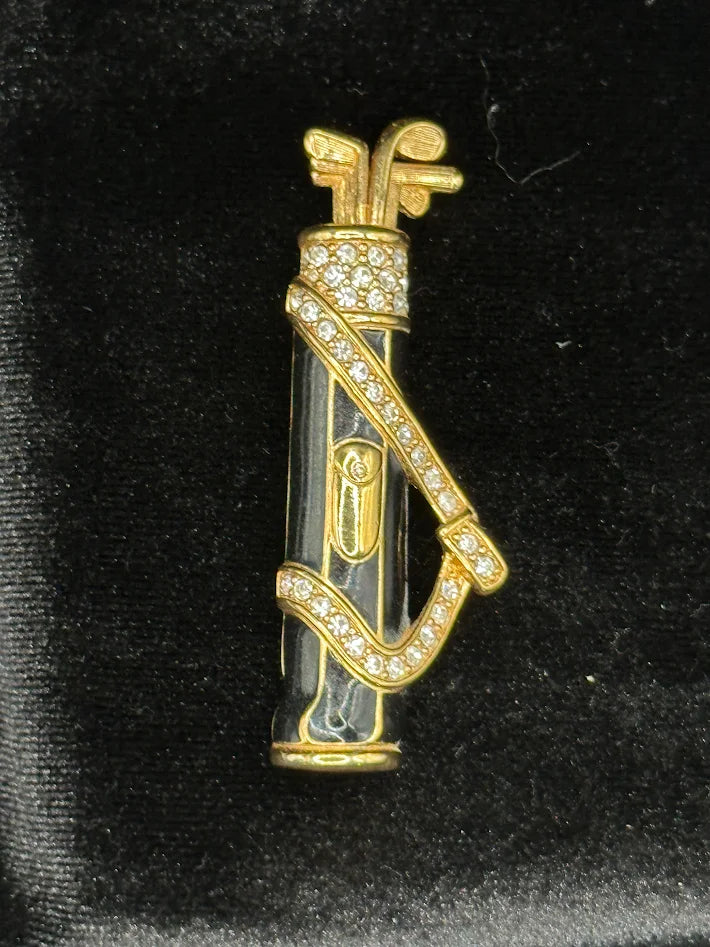 Swarovski Signed Golf Bag Brooch Gold Tone Black Enamel Crystal Rhinestone Pin Vintage