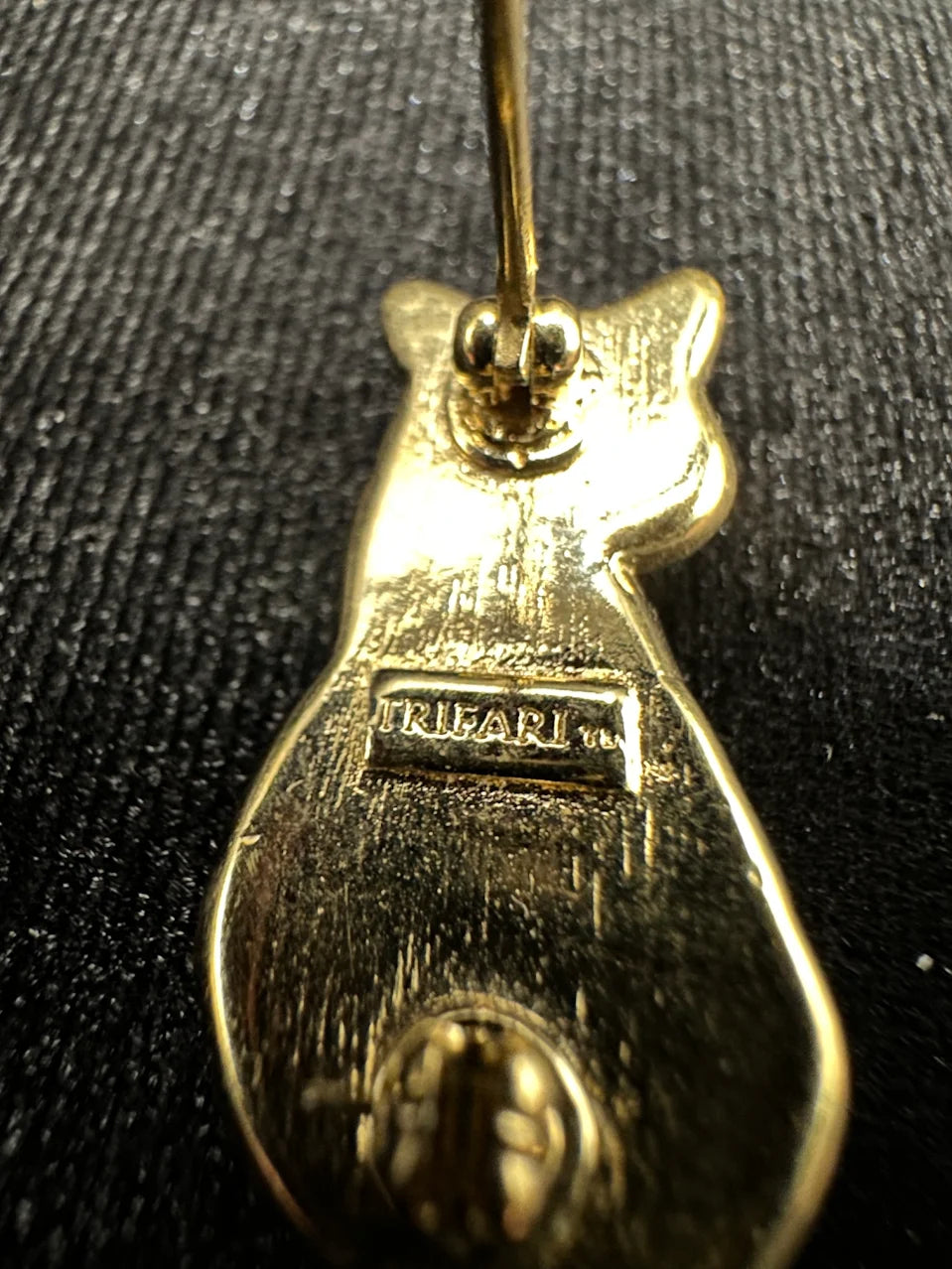 Trifari Gold Tone Black Cat Brooch with Crystal Accents