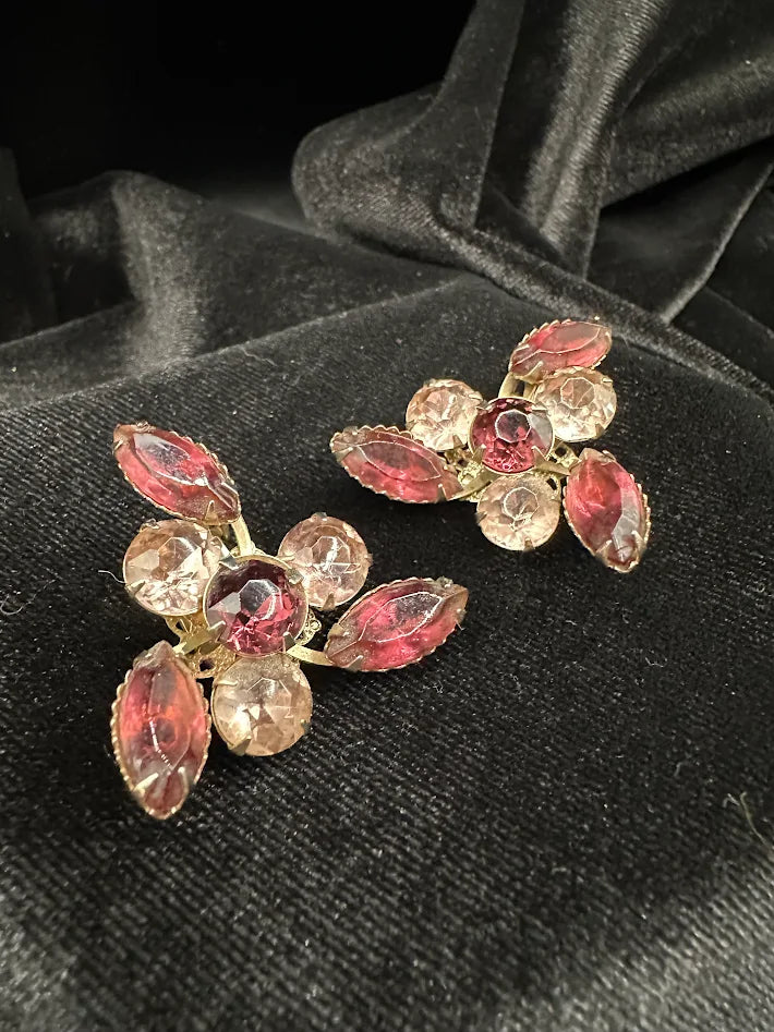 Gold Tone Pink and Clear Crystal Floral Cluster Clip Earrings Marquise Rhinestone Vintage Statement Jewelry