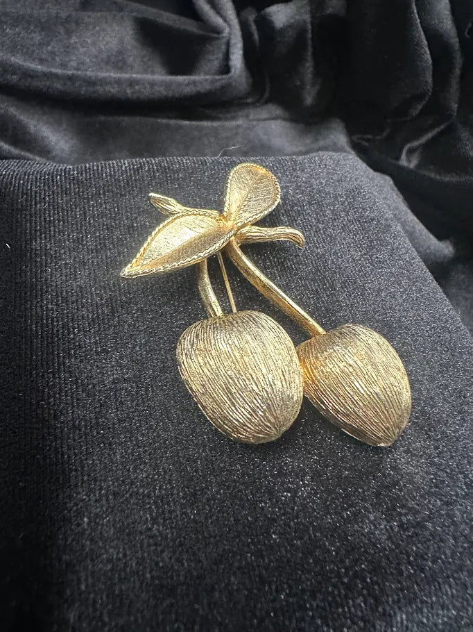 SARAH COVENTRY Gold Tone Cherry Brooch with Textured Fruit and Leaf Detail