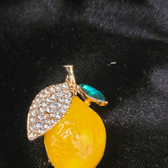 Enamel Lemon Brooch Yellow Lemon with Rhinestone Leaf and Green Crystal Accent, Gold Tone Fruit Pin