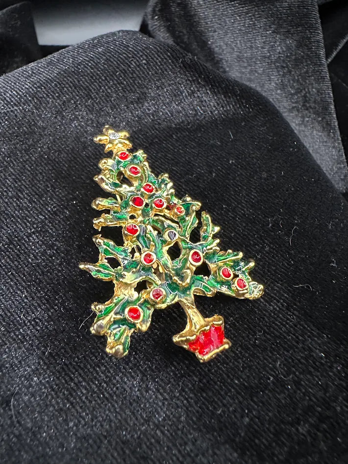 Vintage Christmas Gold Tone Tree Brooch Red and Green Enamel