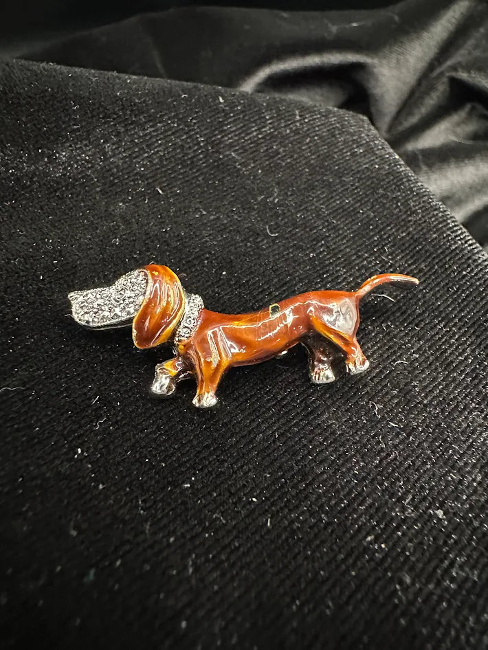 Brown enamel dachshund brooch with clear crystal ear and collar accents