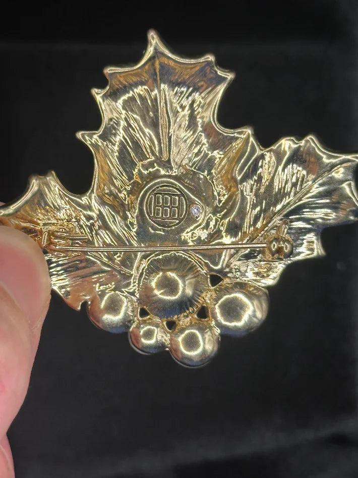 Vintage Holly Leaf Brooch by Givenchy Gold Tone Rhinestone Enamel Pearl Christmas Pin