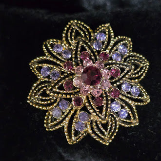 Vintage Gold Tone Floral Brooch: Pink Lavender Rhinestones, Filigree Glam Pin
