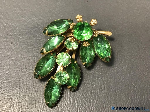 Vintage Gold Tone Uranium Glass Dragonfly Brooch UV Reactive Green Marquise Rhinestone Pin
