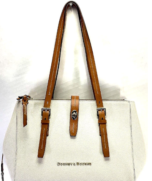 Dooney & Bourke White Pebbled Leather Tote – Tan Trim Shoulder Bag w/ Colorful Chevron Interior