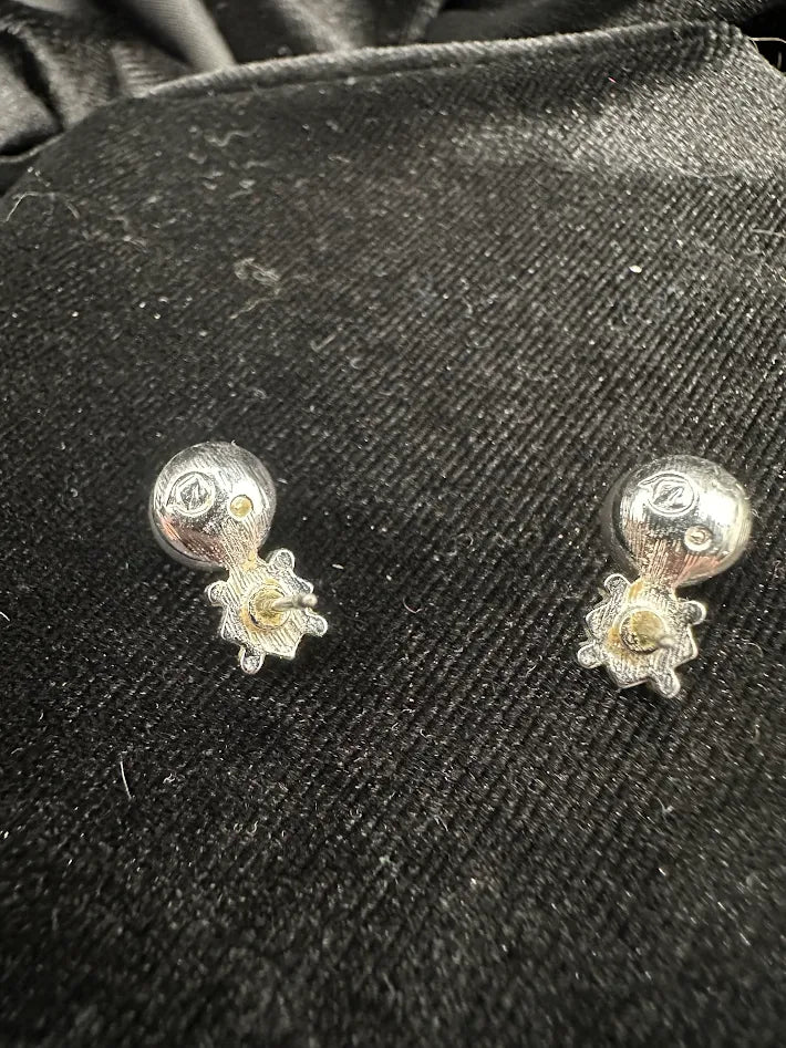 Silver Tone Faux Pearl Stud Earrings Geometric Accent Design Classic Minimalist Vintage Style Elegant Everyday Jewelry