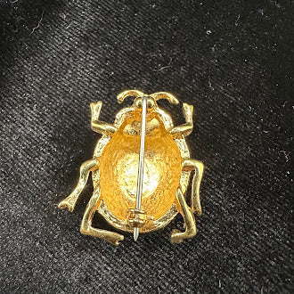 Vintage Gold Tone Black Enamel Beetle Brooch Scarab Style Statement Pin Figural Insect Jewelry Dimensional