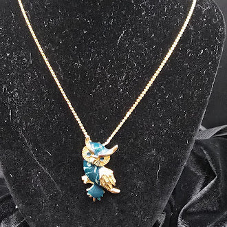 Gold tone owl pendant necklace with blue enamel detail