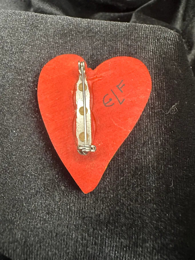 ELF Hand-Painted Wooden Red and Orange Heart Brooch | Artisan Whimsical Statement Pin