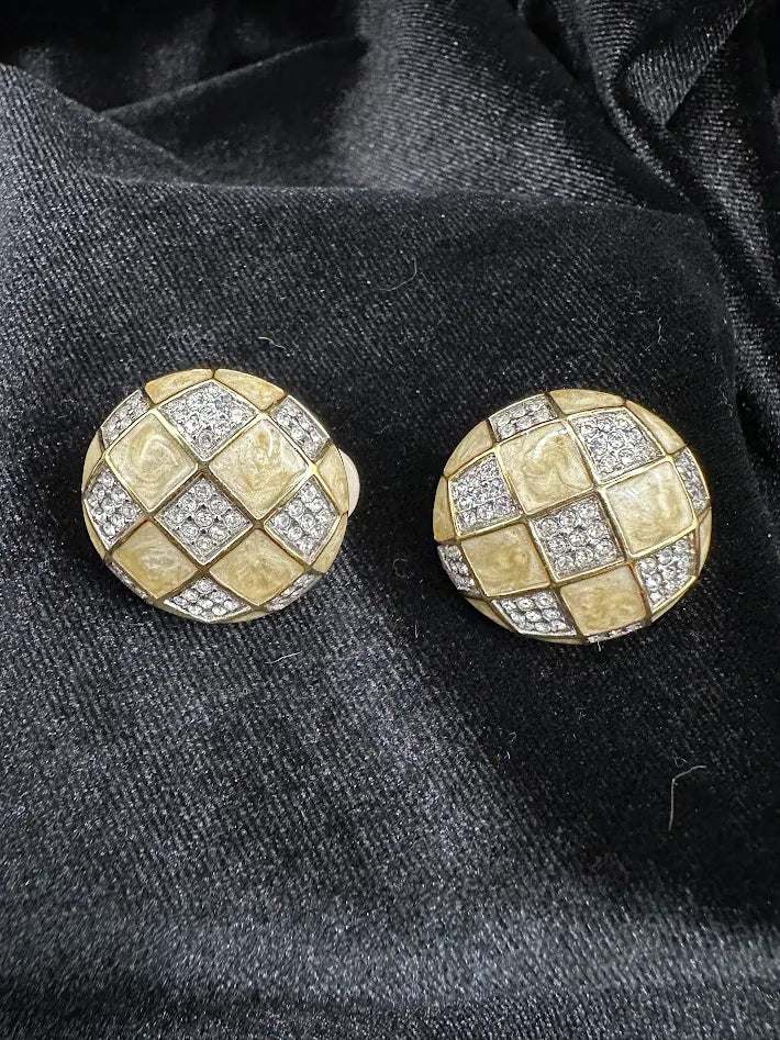 Swarovski SAL Crystal Clip Earrings Gold Tone Enamel Checkerboard Dome Vintage Signed