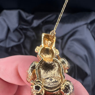 Vintage Christopher Radko Teddy Bear Drummer Christmas Brooch Gold Tone Enamel Holiday Pin