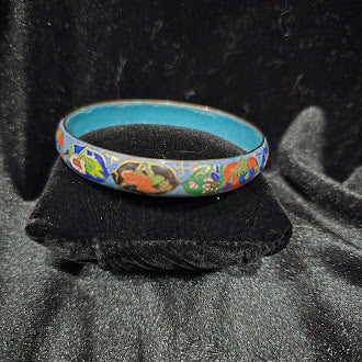 Vintage Cloisonne Enamel Bangle Bracelet Set of 2 in Blue and Black with Floral Motif, Glossy Finish, Curated Estate Stack Style