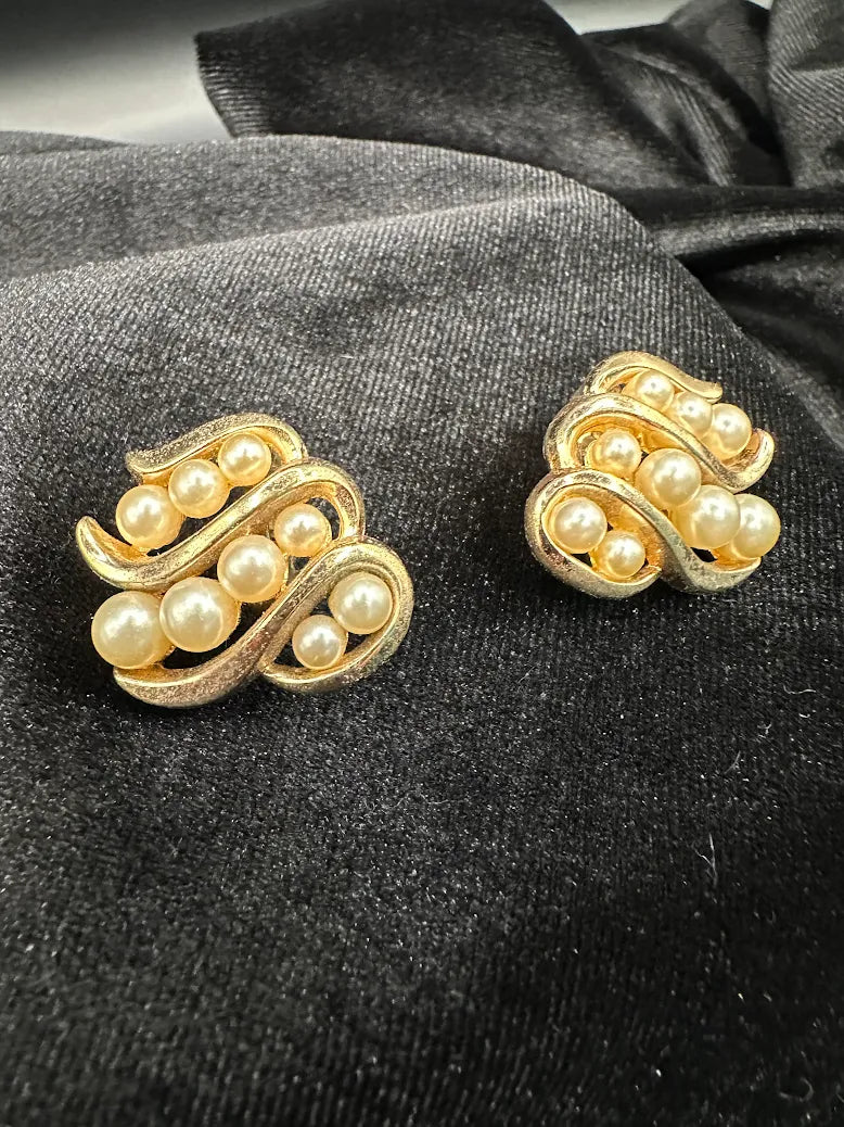 Vintage Trifari Gold Tone Faux Pearl Swirl Clip Earrings Elegant Designer Statement Jewelry