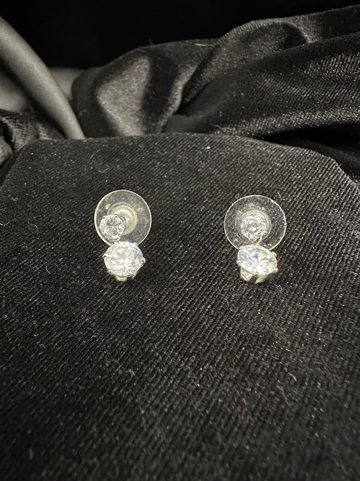 Silver Tone Clear Crystal Drop Stud Earrings Double Round Design Minimalist Dangle Earrings Classic Everyday Jewelry