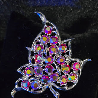 Signed Sara Coventry Aurora Borealis Crystal Leaf Brooch | Vintage Silver Tone Statement Pin