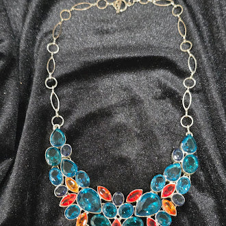 Large Silver Tone Statement Necklace with Multicolor Glass Crystals, Bold Bib Necklace, Dramatic Estate Glam Jewelry