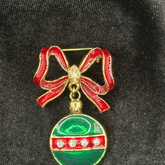 Christmas Ornament Brooch with Red Enamel Bow and Green Ornament