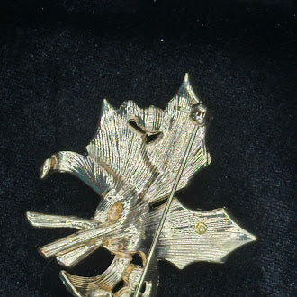 Vintage Holly and Bells Christmas Brooch with Rhinestones and Pearls