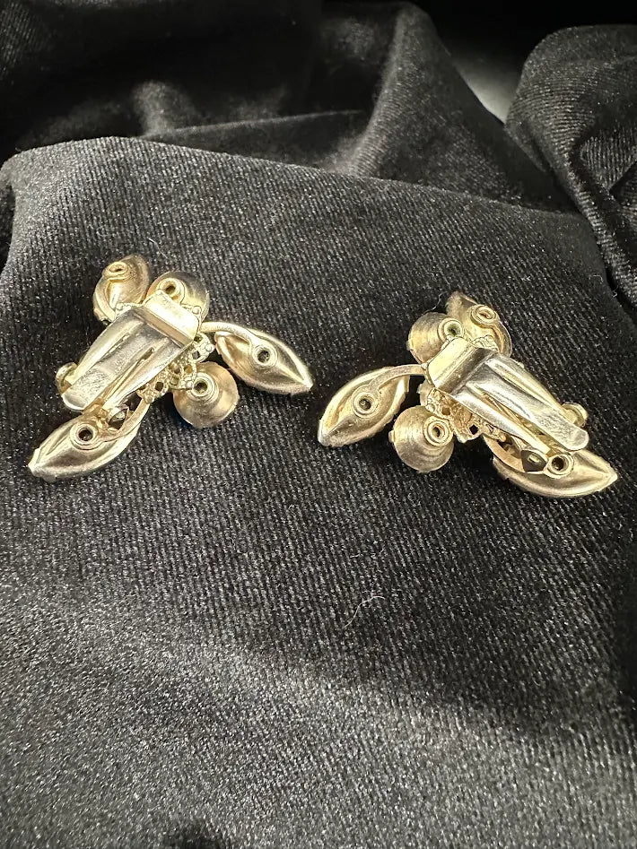 Gold Tone Pink and Clear Crystal Floral Cluster Clip Earrings Marquise Rhinestone Vintage Statement Jewelry